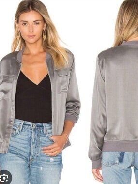 Equipment Femme Abbot Metallic Silver Gray Chrome Silk Bomber Jacket XS $348